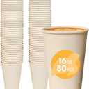 100% Compostable Disposable Coffee Cups [16oz 80 Pack] Paper Cups Made from Bamboo, Eco-Friendly, Biodegradable Premium Party Cups, Natural Unbleached by Earth's Natural Alternative
