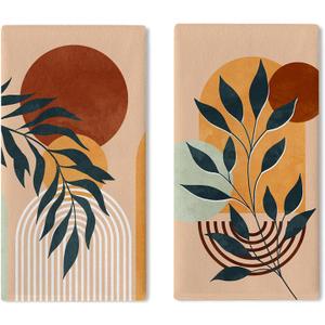 Boho Abstract Sunset Plant Kitchen Dish Towels Set of 2, Bohemian Leaves Drying Hand Towels Baking Cooking Cloth, Minimalist Modern Art Aesthetic Home Kitchen Decoration 18 x 26 Inch