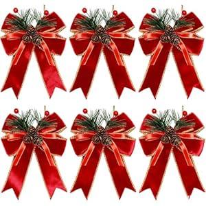 6 Pack Red Velvet Christmas Bows with Pine Cones & Pine Needles Large Holiday Ribbon Bows for Christmas Tree Wreath Gifts Indoor/ Outdoor Party & DIY Decorations