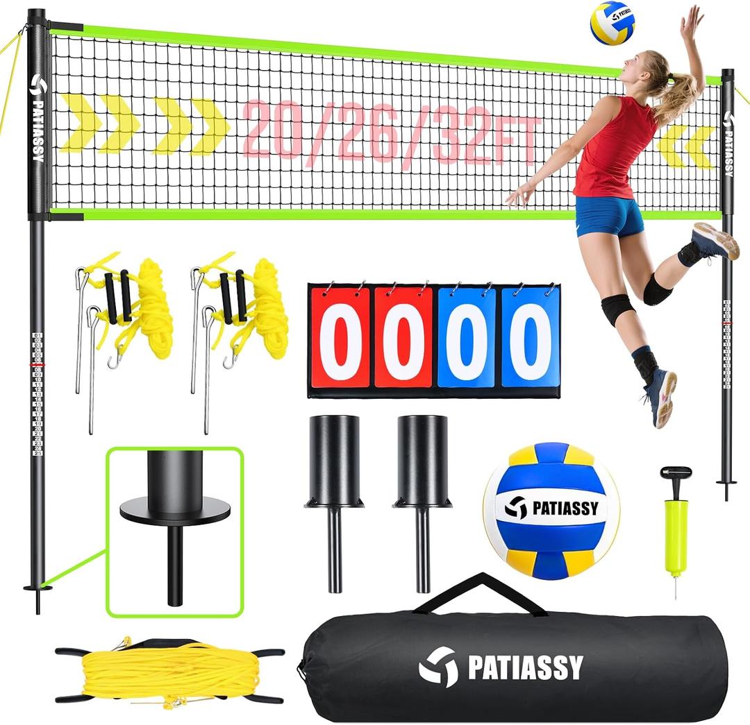 Portable Volleyball Net Set for Backyard & Beach, Adjustable Width (32/26/20FT) & Height, Anti-Sag Tension Design, Metal Stakes for Outdoor Stability, PU Volleyball with Pump, Scoreboard and Carry Bag