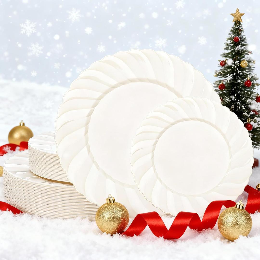 U-QE 60 Pcs Christmas Plastic Plates for Party  Scalloped Ivory Plastic Plates Heavy Duty & Elegant  Include 30 10.25" Dinner & 30 7.25" Dessert Plates - Perfect for Weddings, Christmas and Parties