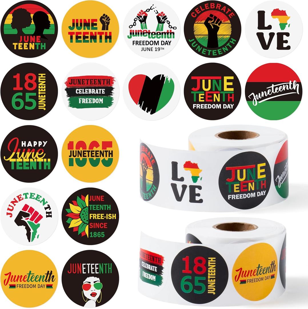 WATINC Juneteenth Stickers Roll - 1000Pcs June 19th Freedom Day Sticker Independence Day Celebration Patriotic Circle Decals, African Afro American Festival Theme Party Supplies Decoration Favors