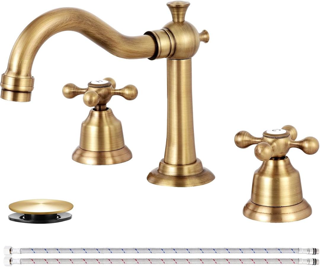 KZH Antique Brass Bathroom Faucet 3 Hole, 8 inch Widespread Bathroom Faucet with Pop Up Drain, Bathroom Sink Faucet, 2 Handle Vanity Faucet with Water Supply Hoses
