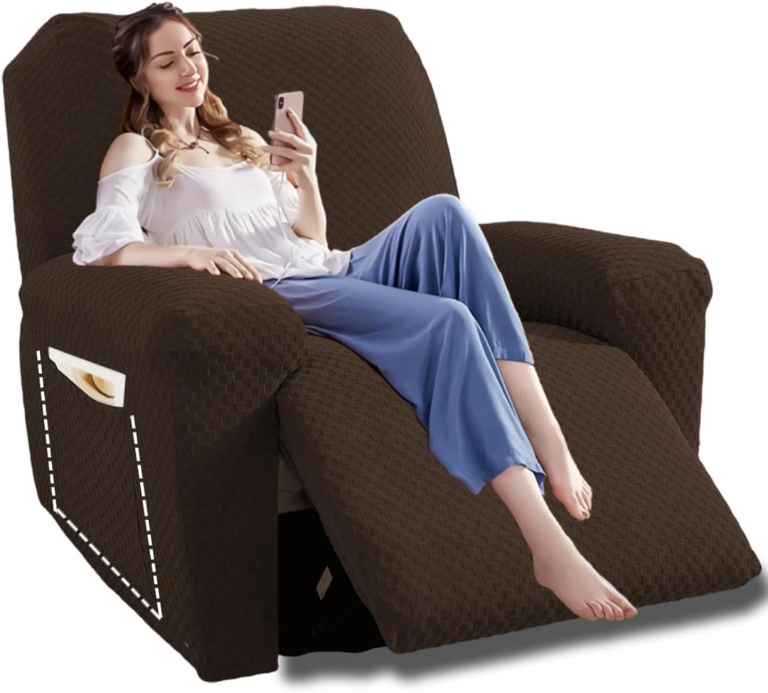 YEMYHOM 4 Pieces Oversized Stretch Recliner Slipcover Jacquard Large Recliner Chair Cover with Side Pocket Anti-Slip Fitted Furniture Protector with Elastic Bottom (X-Large Recliner, Dark Coffee)