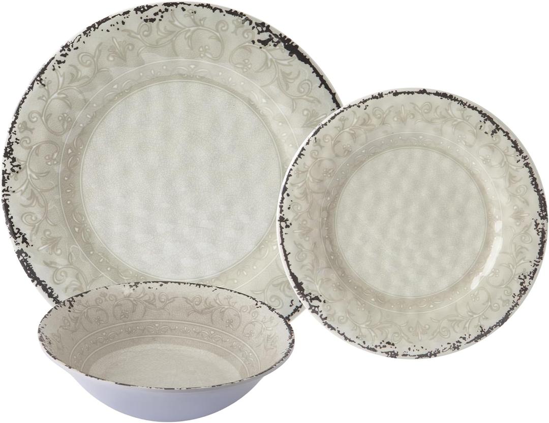 Melamine Dinnerware Sets, Service for 4. Unbreakable Dishes. Scratch Resistant Melamine Ware. Plates and Bowls. Dishwasher Safe Platos De Melamina Baroque Design. Beautifully Packaged Gift Box (12 Piece Set, Beige)