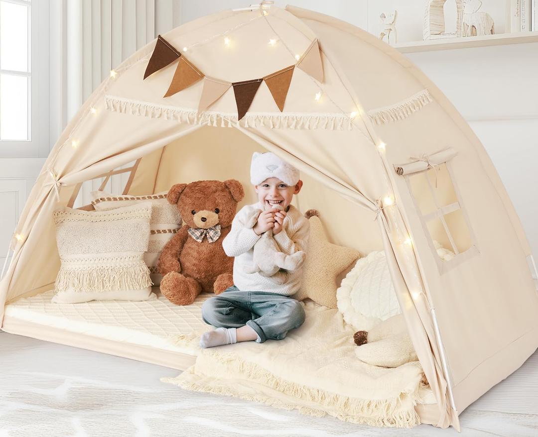 Full Size Bed Tent Canopy, Kids Play Tent with Flags & Star Lights, Canopy on Bed Privacy Space Sleeping Blackout Tents, Indoor Breathable Portable & Foldable, XL-Large Cream Tassels Style
