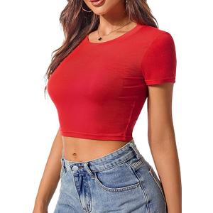Women's Casual Summer  Sleeve Crop Top Wide Red 1 Piece S
