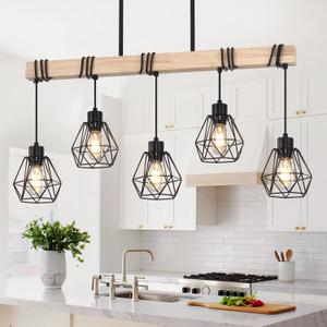 5-Light Kitchen Island Lighting, Farmhouse Chandelier for Dining Room, Rustic Wood Linear Chandelier Ceiling Pendant Light Fixtures with Metal lampshade, Height Adjustable, (5-Light Wood) 5-Light Kitchen Island Lighting, Farmhouse Chandelier for Dining Room, Rustic Wood Linear Chandelier Ceiling Pendant Light Fixtures with Metal lampshade, Height Adjustable, (5-Light Wood)