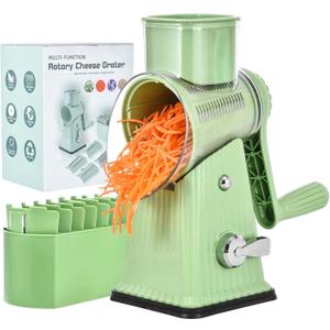 Xilrvna RotaryCheeseGrater,VegetableShredder 5 in 1 Cheese GraterwithHandleedderReinforcedSuction,EasytoClean,KitchenChopperforCrushedIce,Fruits and Nuts with Blade StorageCaselight green