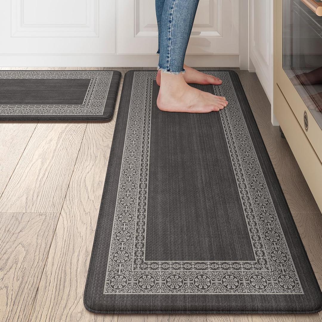 Kitchen Mats Cushioned Anti Fatigue Mats for Kitchen Floor, Non-Skid Waterproof Kitchen Rugs Padded Comfort Standing Desk Mat for Home Office Laundry Sink(Dark Grey) (17.3" x 47 "+ 17.3" x 29 "--0.47 inches)