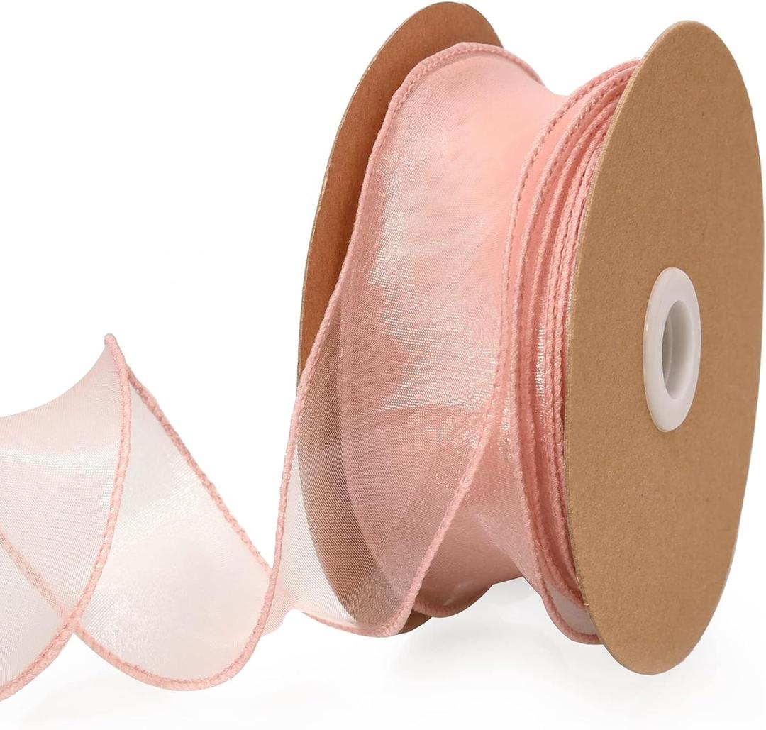 1.5 Inch Sheer Organza Ribbon Nude Pink Wavy Knot Wired Ribbon 25 Yards for Gift Wrapping, Bouquet Wrapping,CraftChristmas-Birthday-Wedding-Party Decoration (1.5 inch, Nude Pink)