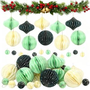 TecUnite 50 Pcs Christmas Paper Honeycomb Ornaments for Tree Vintage 3D Mini Glitter Edge Paper Christmas Ornament Honeycomb Tree Hanging Neutral Boho Holiday Xmas Party Decoration(White, Green)