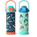 Kids Insulated Water Bottle with Pop-Open Straw & Spout 2-in-1 Lid, 18oz Leak Proof 18/8 Stainless Steel Vacuum Tumbler, BPA-Free Kids Cup For Travel School Boys Girls Toddler, Dinosaur & Monster Car