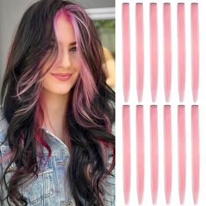 12pcs Clip in Pink Hair Extensions, 22 Inch Rainbow Hair with Silver Tinsels, Holiday Party Highlights