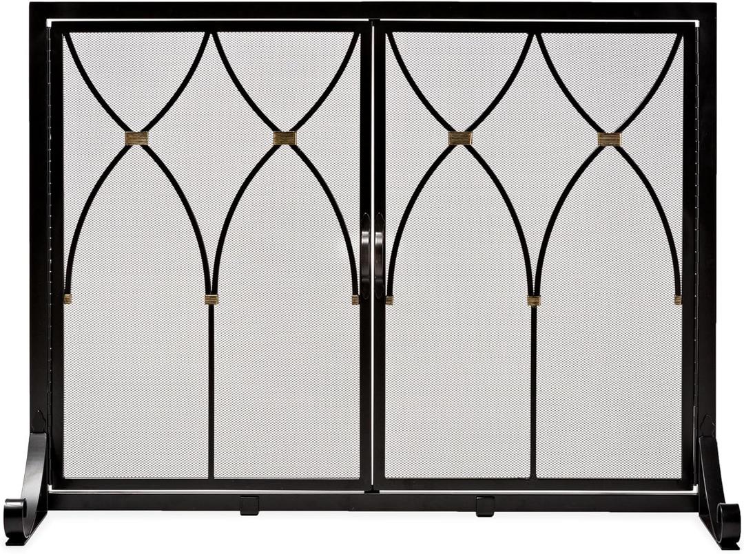 Plow & Hearth Metal Fireplace Screen Winchester Black | 38" W x 31" H | Dual Magnetic Hinged Doors | Spark Guard Cover | Stand Alone Wrought Iron Panel Fire Place Cover