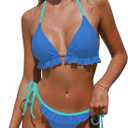 TASHEHE Womens Bikini Set Trim Ruffle String Tie Two Piece Swimsuit Halter Triangle Bathing Suit (Blue, S)