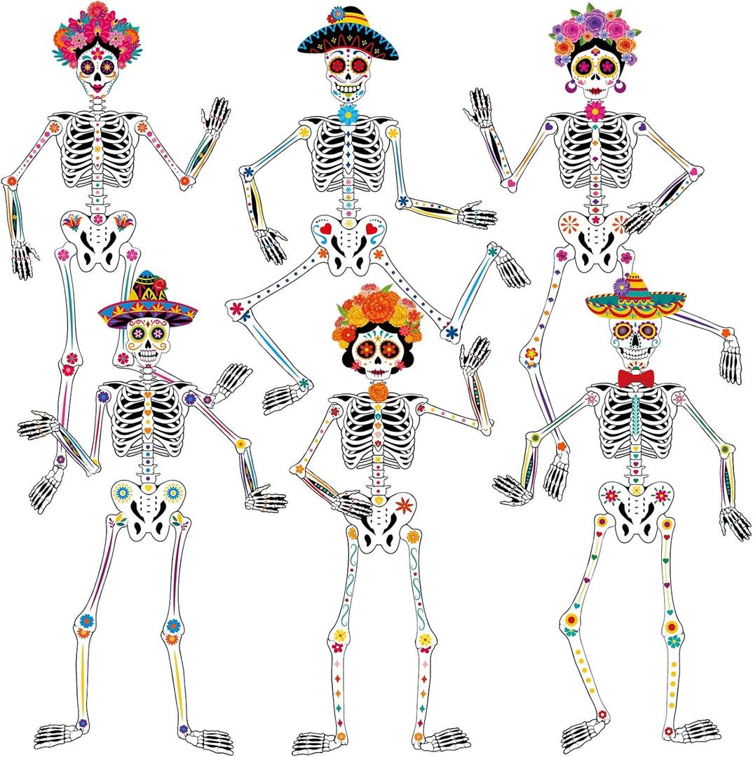 6 Pcs 51 Inches Large Halloween Jointed Skeletons Paper Cutout Day of The Dead Jointed Skeletons Hanging Decorations Dia De Los Muertos Party Supplies for Outdoor Mexico Sugar Skull Decor