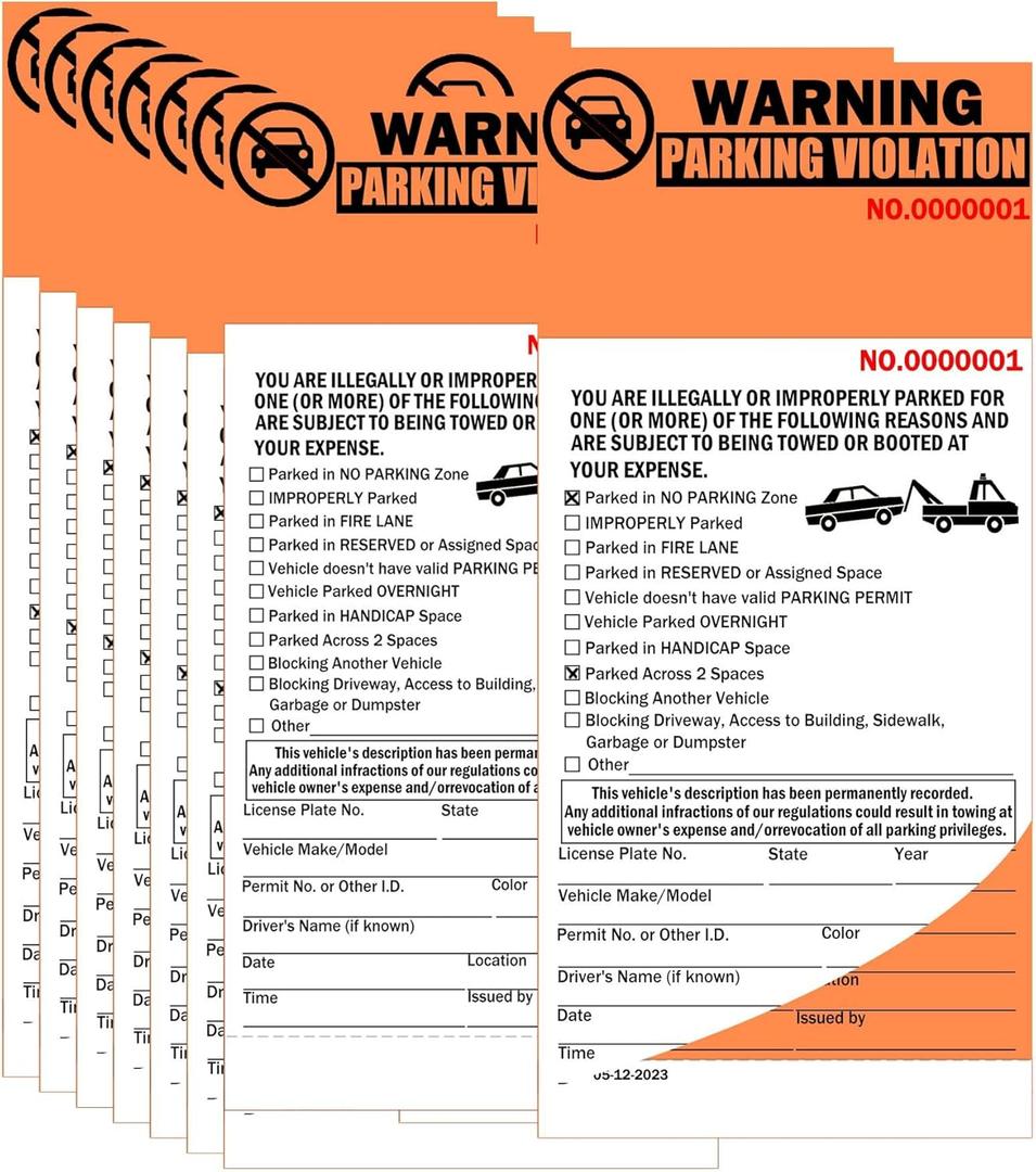 2-Part Carbonless Perforated Numbered Parking Violation Warning Sticker Book Tow Warning Illegally Parked Tickets 4 x 8.5 Inch - Parking Violation Ticket for Car Window 50 Pack
