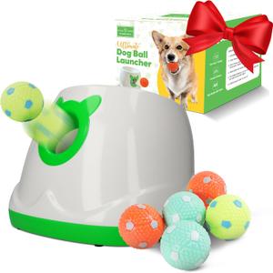Automatic Dog Ball Launcher Dog Fetch Machine for Small to Medium Sized Dogs,3 Launch Distances, Ball Launcher for Dogs with 6 Latex Balls, Dual Power Supply