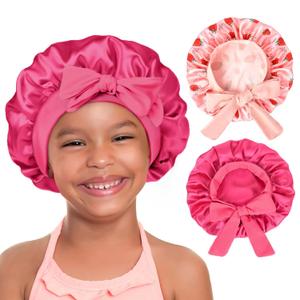 YANIBEST 2 PCS Baby Bonnet Silk Satin Bonnet for Kids Sleeping Cap Curly Natural Hair Silk Bonnets for Girls Boys Infant (5-12 Years, Hotpink+Pink)