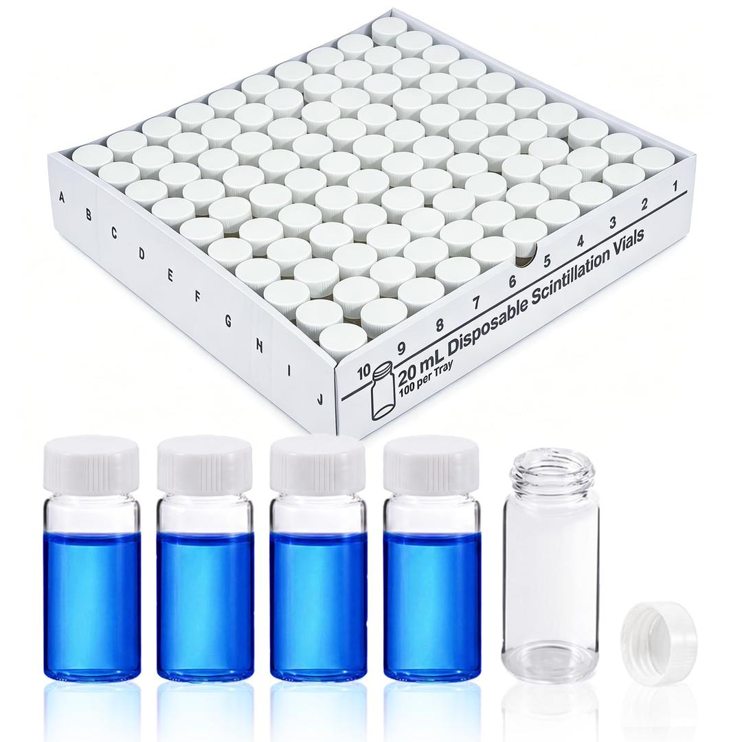 20mL Liquid Scintillation Counting Vials, 100PCS | Borosilicate Glass Sample Vials, 22-400 White Polypropylene Screw Cap, Silver Aluminum Foil Liner, Multi-Purpose Use