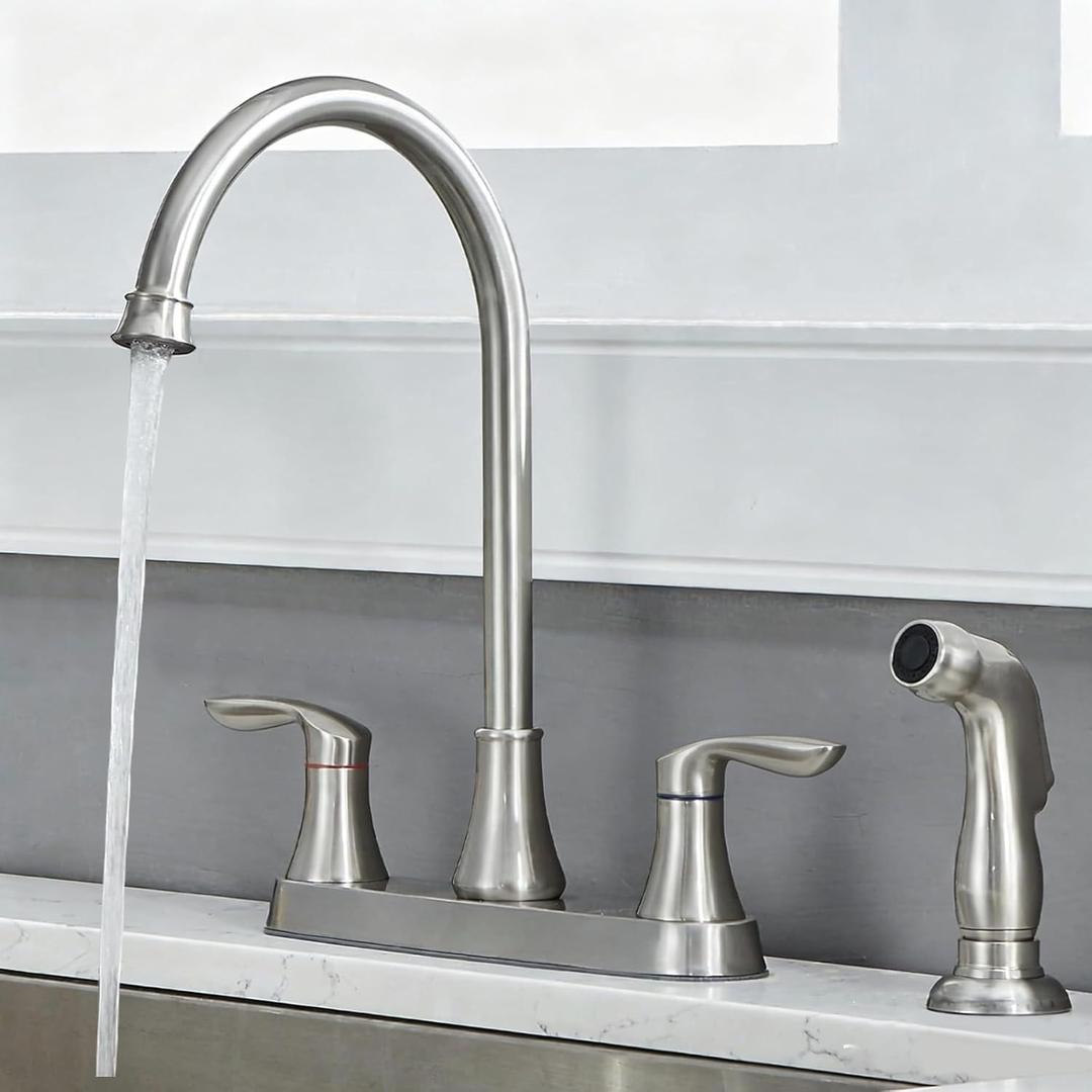 Friho Kitchen Faucet with Side Sprayer, Brushed Nickel Stainless Steel Kitchen Faucets with Supply Line, 3 or 4 Hole 2 Handle Kitchen Sink Faucet for RV Laundry Utility Bar