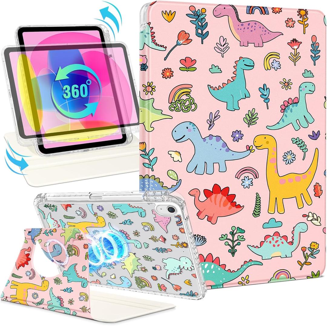 Shorogyt for iPad A16 11th Generation 11 inch 2025 /for i Pad 10th Generation case Magnetic Stand for Women - Cute Design 360 Degree Rotating Covers Girls Kids Boys with Pencil Holder,Dinosaur