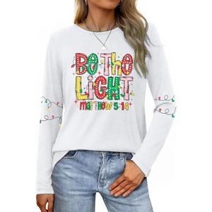 Christmas Shirts Women Be The Light Christmas Long Sleeve Shirt Xmas Christian Holiday Graphic Tees Tops (XX-Large, White)