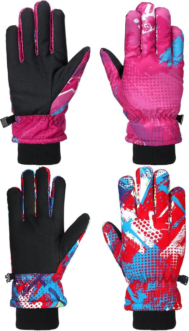 Honoson 2 Pairs Kids Snow Gloves Winter Waterproof Kids Ski Gloves Youth for Girls Boys Outdoor Toddler Snowboard Warm Clothe (6-13 Years, Bright Pattern)
