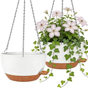 12" Self Watering Hanging Planters with Chains, White Brown, 2 Pack | 43 Oz removable self-watering reservoir, for indoor/outdoor plants, patio & garden