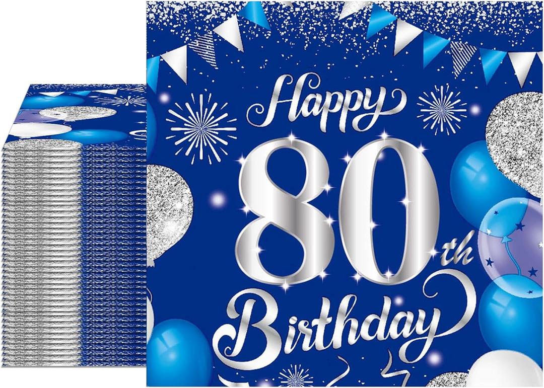80th Birthday Decorations for Men Women 40pcs Navy Blue Silver Birthday Napkins for Happy 80 Years Old Theme party Wedding Anniversary Party Supplies