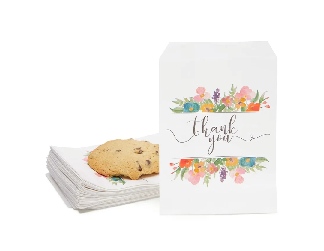 100 Pack Paper Cookie Bags - 7.5 x 5 Inch for Party Favors, Treats and Candy; Wedding Individual Bag with Floral Thank You Design & Mini Gift Pouch for Snacks and Goodies