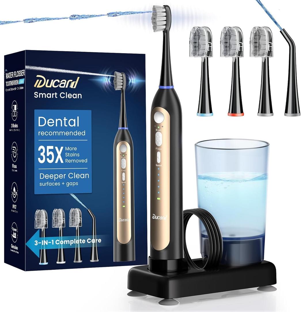 Electric Toothbrush with Water Flosser Combo, Compact 3-in-1 Flossing Toothbrush, 40000 VPM Sonic Brushing,11oz Easy-Clean Detachable Tank, Space-Saving Care for Sensitive Braces,30-Day Battery