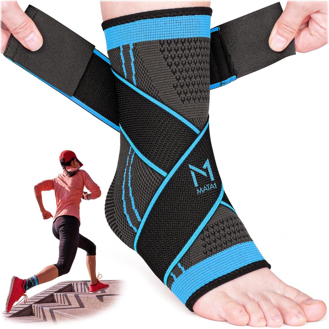Ankle Brace for Men and Women - Black/Blue - Foot Wrap for Plantar Fasciitis, Sprain, Achilles, and Tendonitis Support - Adjustable Compression Sleeve with Elastic Straps