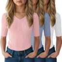 LessonZoo 3 Pack Girls T Shirts  Tween Summer V Neck Cute Fitted Tops Fashion Trendy Basic Tees for Kids(Light Pink, Light Blue, White,7-8 Years)