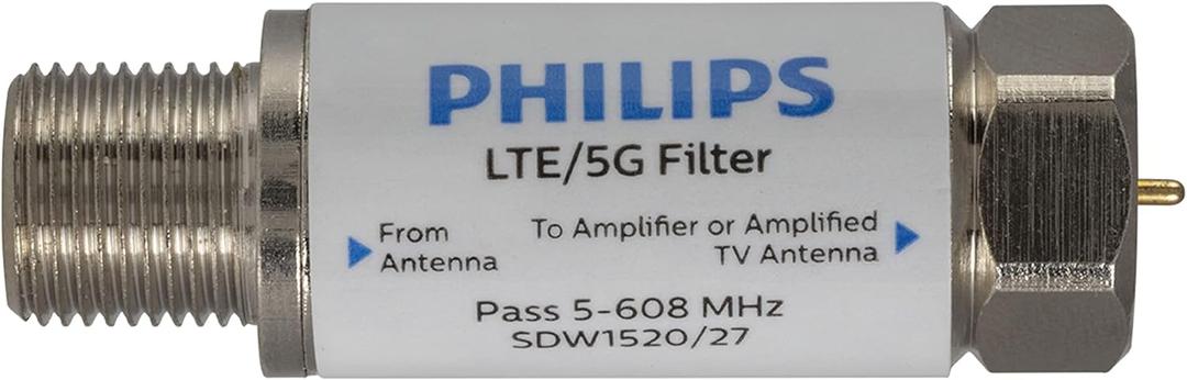 Philips LTE Filter for TV Antenna, Filters 4G 5G LTE Signal to Reduce Interference and Pixilation for Clear Digital HD TV Reception, Frequency Range 5-608 MHz, Indoor Outdoor Installation, SDW1520/27