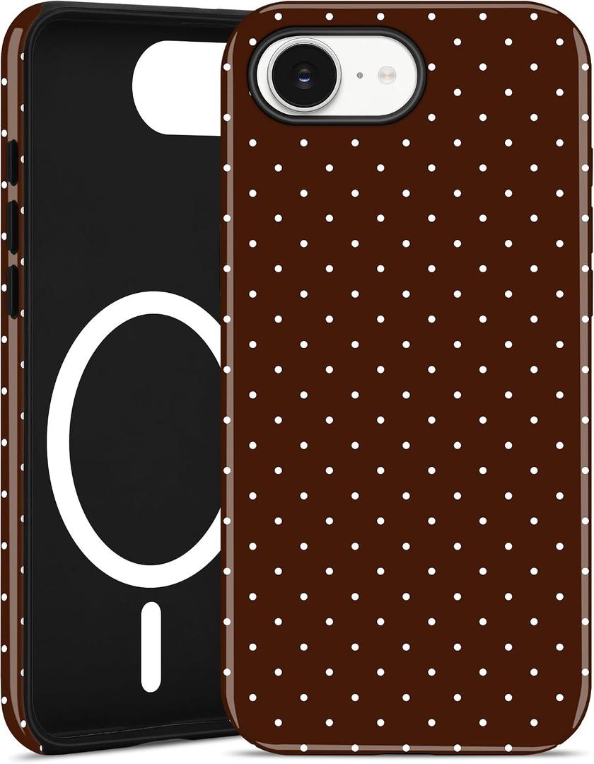 Jusy Compatible with MagSafe Polka Dot Case for iPhone 16e/17e, Cute Aesthetic Polka Dots Magnetic Phone Case, Soft TPU and Hard PC Protective Phone Cover for Women GirlsShiny - Brown