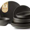 Stoneware Dinnerware Set for 4 Person,12 Pieces Ceramic Plates and Bowls Sets Matte Black Modern Dish Set For Kitchen Dinner, Scratch Resistant, Microwave And Dishwasher Safe, Round