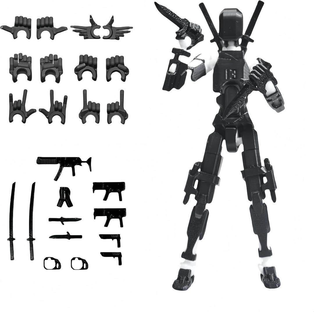 Pre-Assembly 3D Printed 5.54'' Stick 13 Action Figure, Multi-Jointed Tian13, Articulated T13 Desktop Decoration,12 in 1 d13 Accessories, Best Birthday Festival Gift (Black Mix White)
