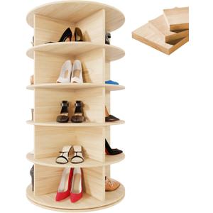 Rotating Shoe Rack Tower, 5-Tier 24" Wide Solid Pine Wood Spinning Shoe Display 360 Lazy Susan Shoe Rack, Revolving Shoe Stand, Shoe Rotating Organizer for Closet Shoes and Handbags