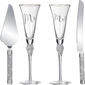 4 Piece Wedding Cake Knife and Champagne Flutes Server Set Mr and Mrs Toasting Flutes Crystal Rhinestone Cake Cutting Set for Bride and Groom Wedding Engagement Bridal Shower Gifts(Silver)