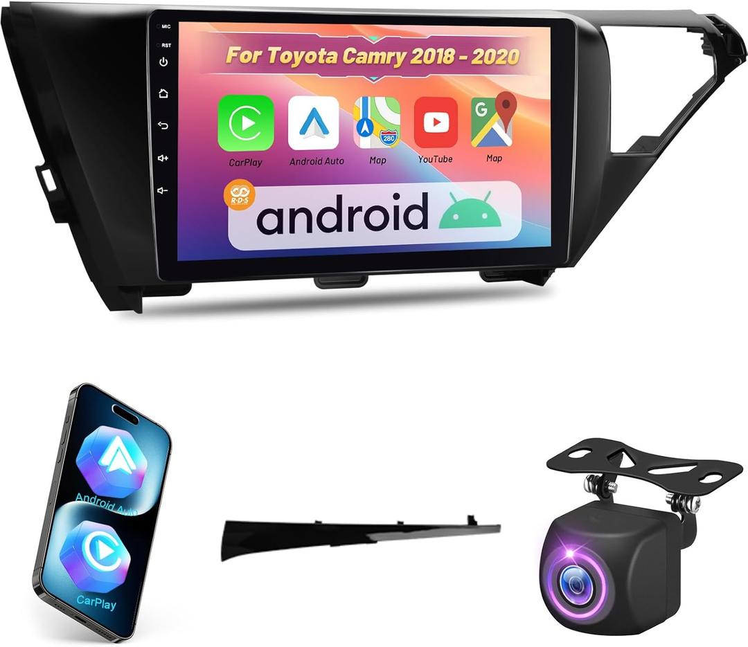 EKAT Car Radio Stereo for Toyota Camry 2018 2019 2020 - Wireless Carplay & Android Auto, 2+64G Android Touchscreen with Equalizer, WiFi, GPS Navigation, FM RDS, AHD Rear View Cam