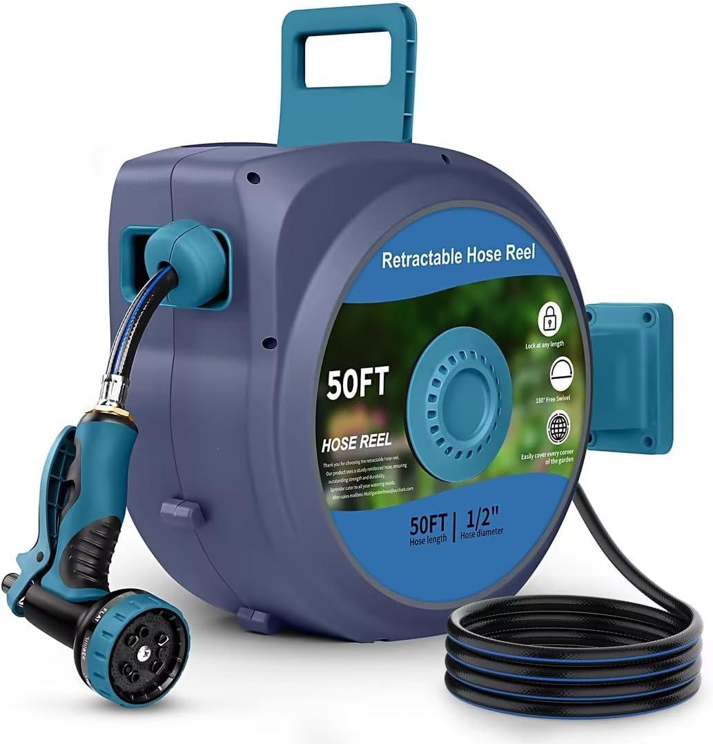 Retractable Garden Hose Reel, Wall-Mounted Hose Reel 1/2 in x 50 ft, Slow Retraction System, Any Length Lock, 180Swivel Water Hose Reel with 10 Function Nozzle