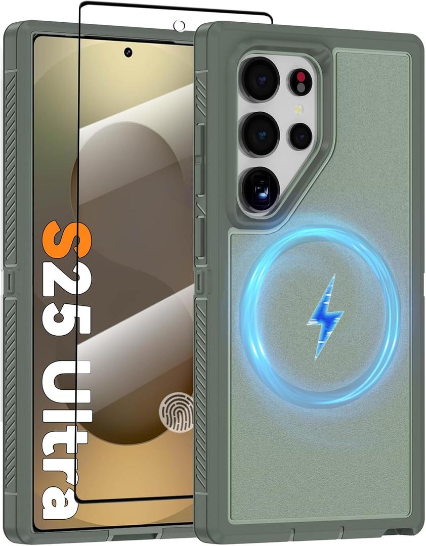 Magnetic Case for Samsung Galaxy S25 Ultra with Screen Protector [Compatible with MagSafe Wireless Charging] [Dual Layer Military-Grade Protection] Heavy Duty Rugged Shockproof Protection Cover, Green