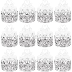 LOGOFUN 12Pcs Clear Favor Boxes Plastic Dome Shaped Candy Box Mini Gift Holder with Swan Love Heart Lid for Wedding Birthday Party Decor - Silver 3.14X2.36X2.36in