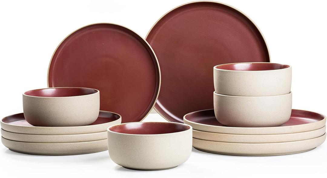 12 Pieces Dinnerware Sets,Plates and Bowls Sets,Handmade Reactive Glaze Dishes Set for 4 with at Least 10% Recycled Ceramic and the Raw Texture of the Clay (Angora Red)