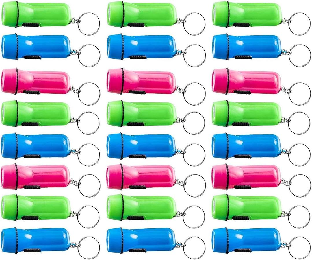Kicko Mini Flashlight Keychain, 2 Inch - 24 Pack Assorted Colors, Green, Light Blue and Pink - Batteries Included - for Kids, Party Favors, Goody Bag Fillers, Prizes, Pocket Size, Chain for Key