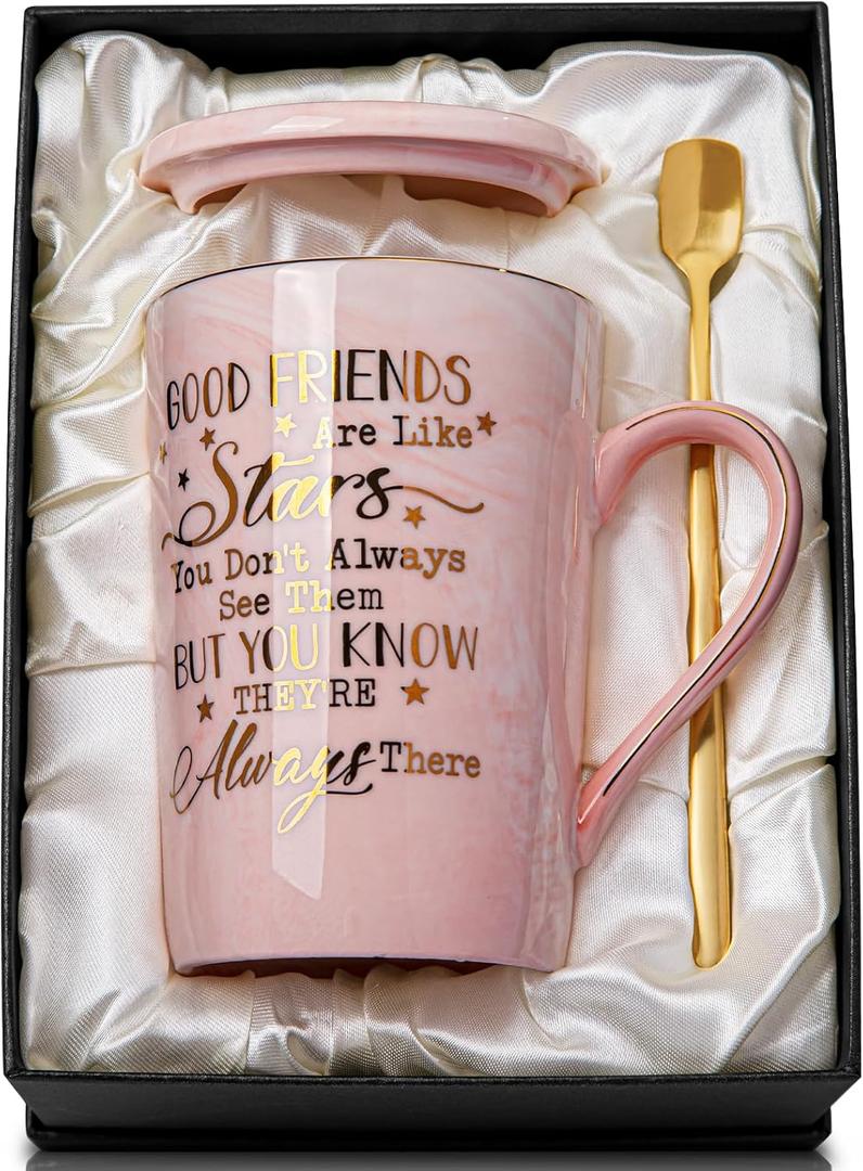 Best Friend Birthday Gifts for Women, Friendship Gifts for Women, Unique Birthday Valentine's Day Gift Ideas for Her, Friends Female, Besties, BFF Ceramic Marble Coffee Mug Gift Box Printed Gold 14 oz (Pink)
