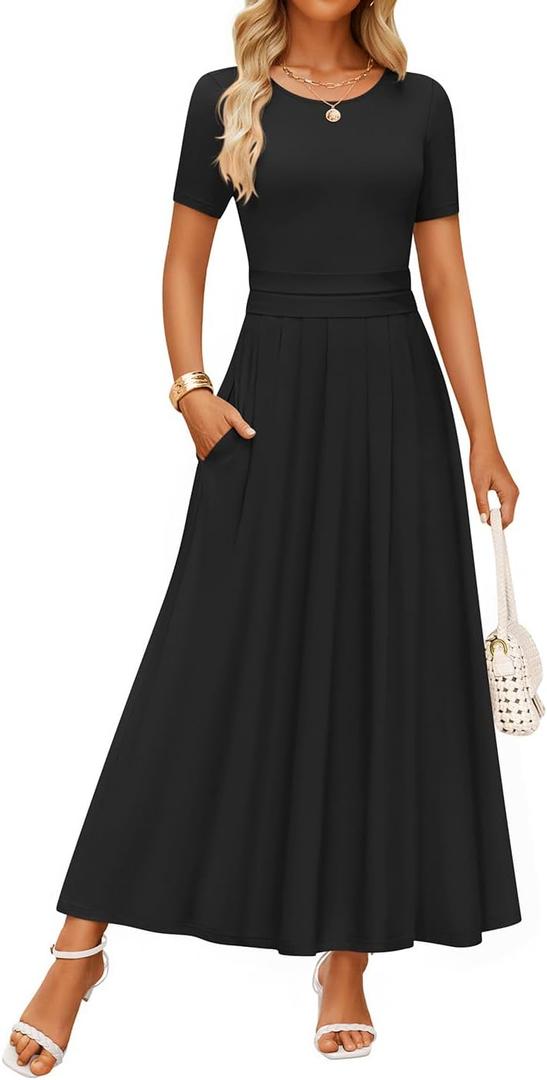 ZESICA Women's Summer Short Sleeve Maxi Dress 2025 Casual Crewneck Pleated A Line Flowy Long Dresses with Pockets