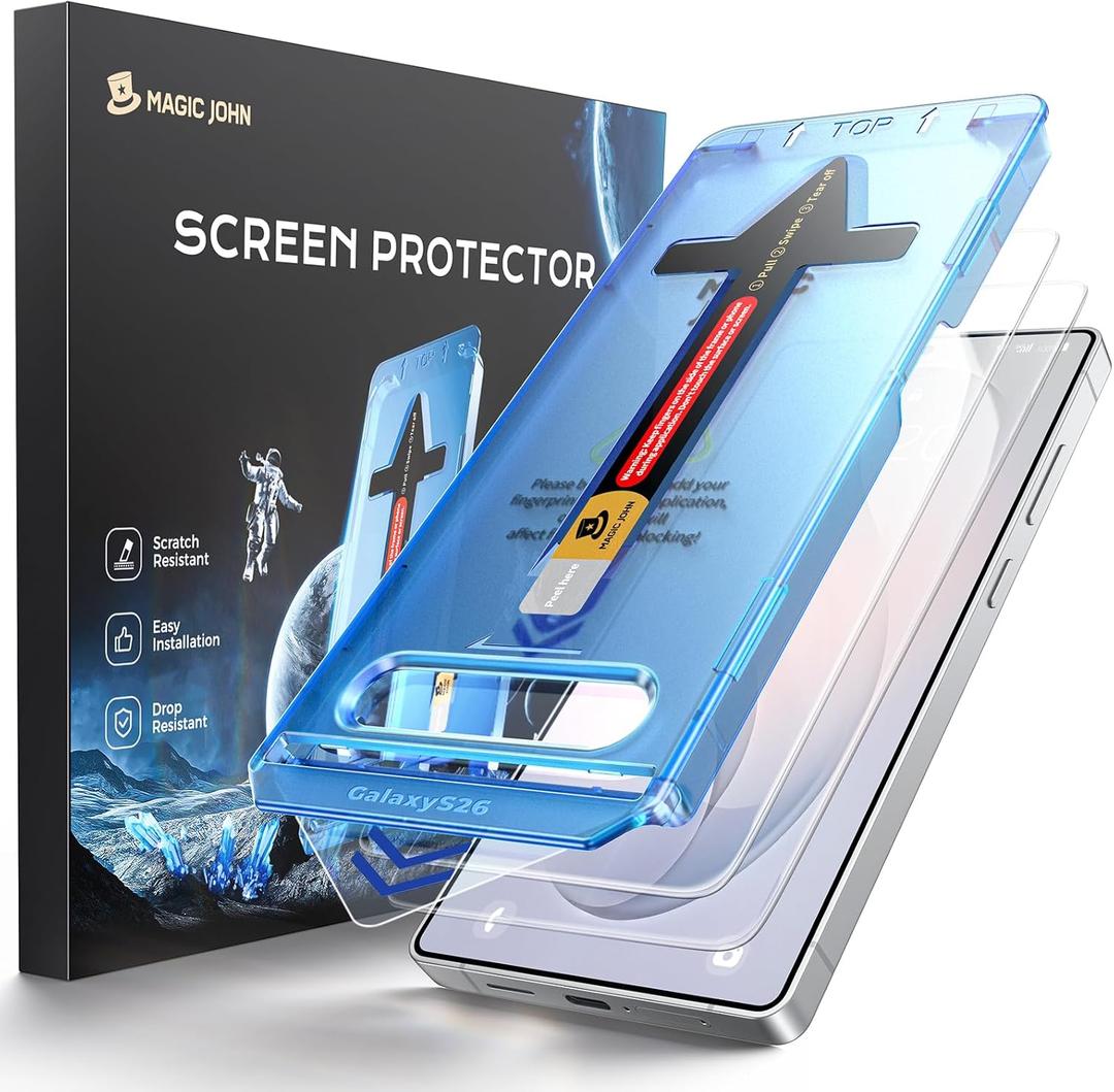 MAGIC JOHN for Samsung Galaxy S26 Screen Protector 6.3 inch[NOT for Ultra], Fast Easy Installation, Auto Dust-Elimination, 9H Tempered Glass HD, Fingerprint Unlock, Bubble Free, Anti-Scratch, 2 PACK